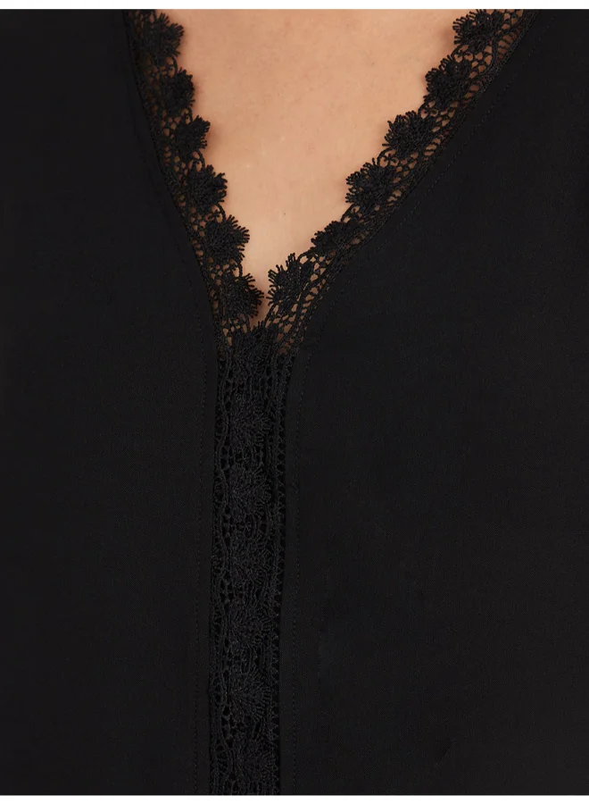 Closet By Styli Lace Trim V-Neck Casual Top Black