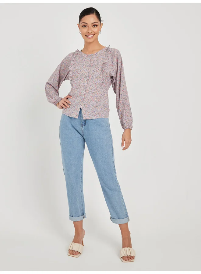 Closet By Styli Ditsy Floral Print Ruffle Detail Top Multicolour