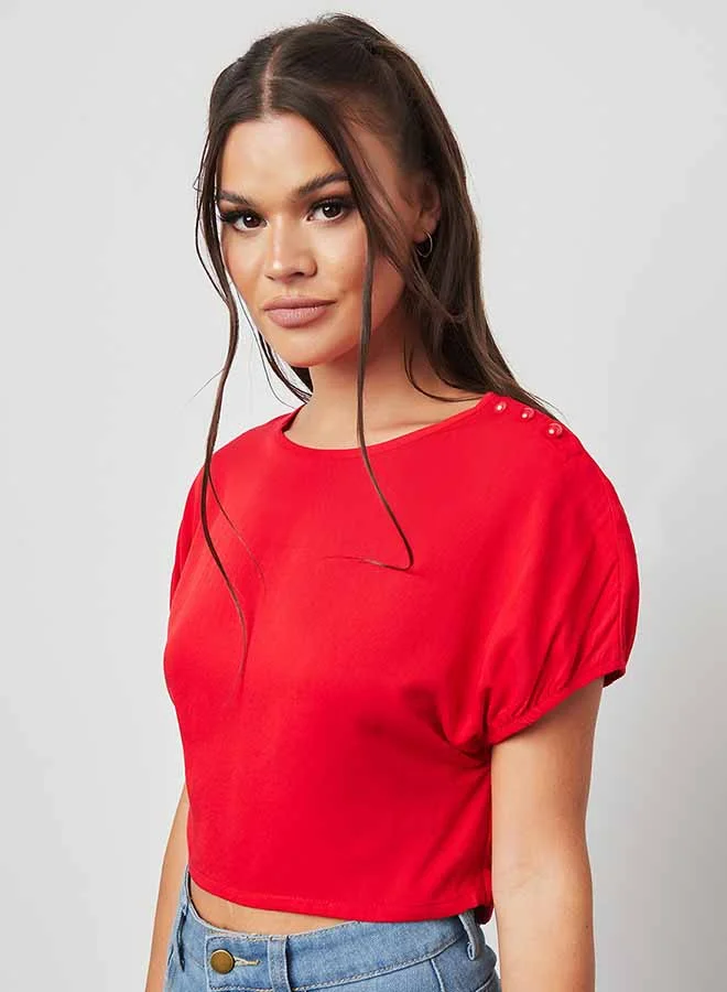 Closet By Styli Plain Elasticated Hem Crop Top Red