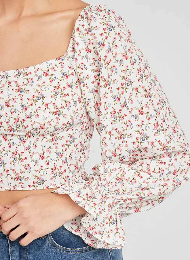 Closet By Styli Ditsy Print Batwing Sleeve Sweetheart Neck Crop Top Multicolour