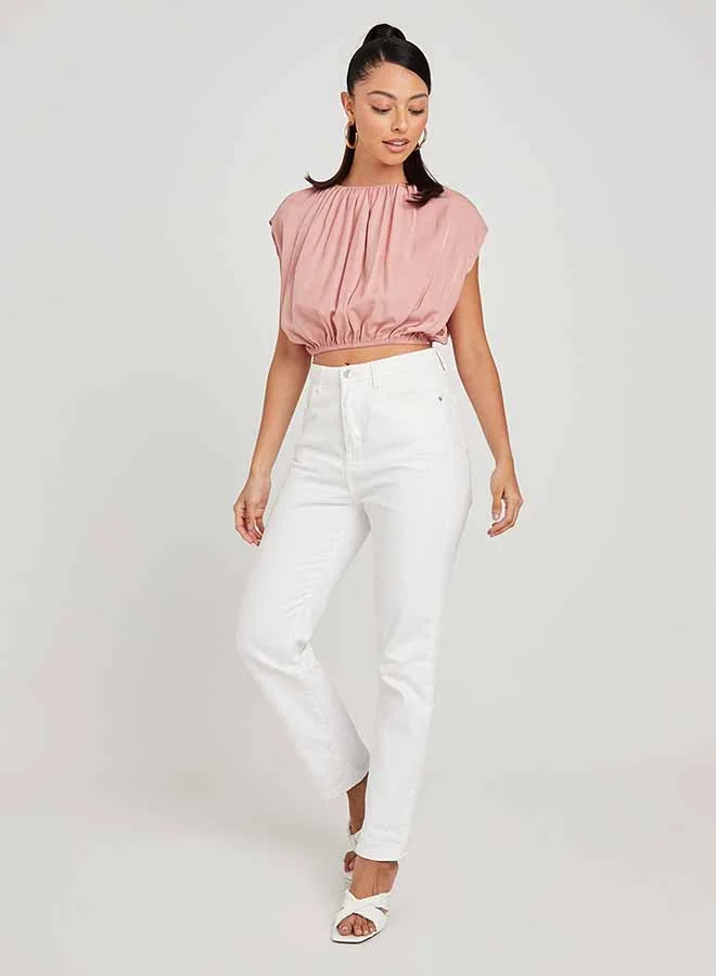 Closet By Styli Extended Shoulder Detail Short Sleeves Crop Top Pink