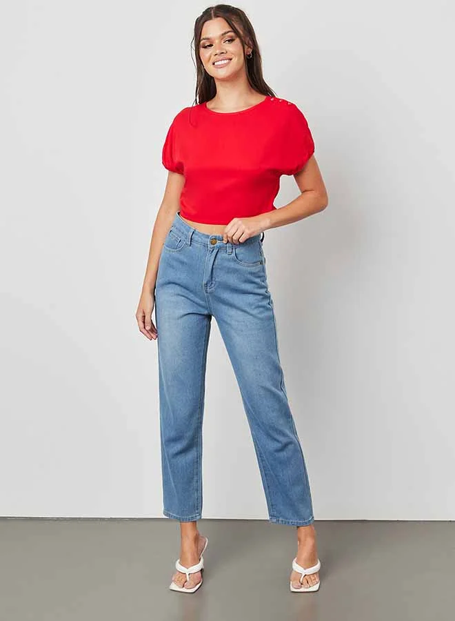 Closet By Styli Plain Elasticated Hem Crop Top Red
