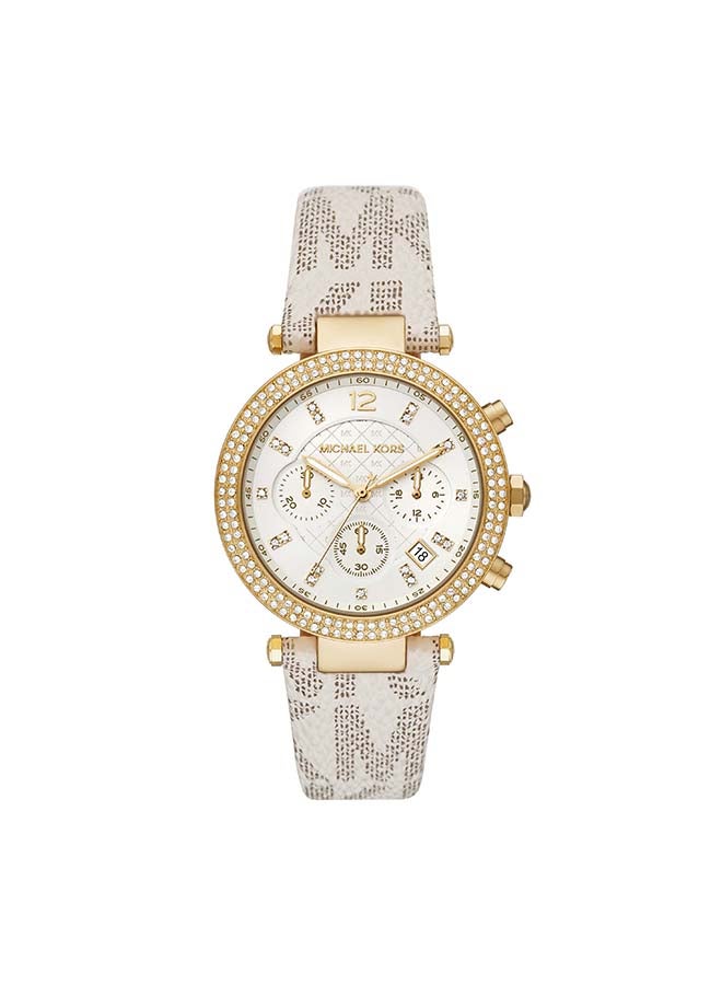Michael Kors Women's Parker Round Shape Leather Band Chronograph Wrist Watch White - MK6916 - Image 1