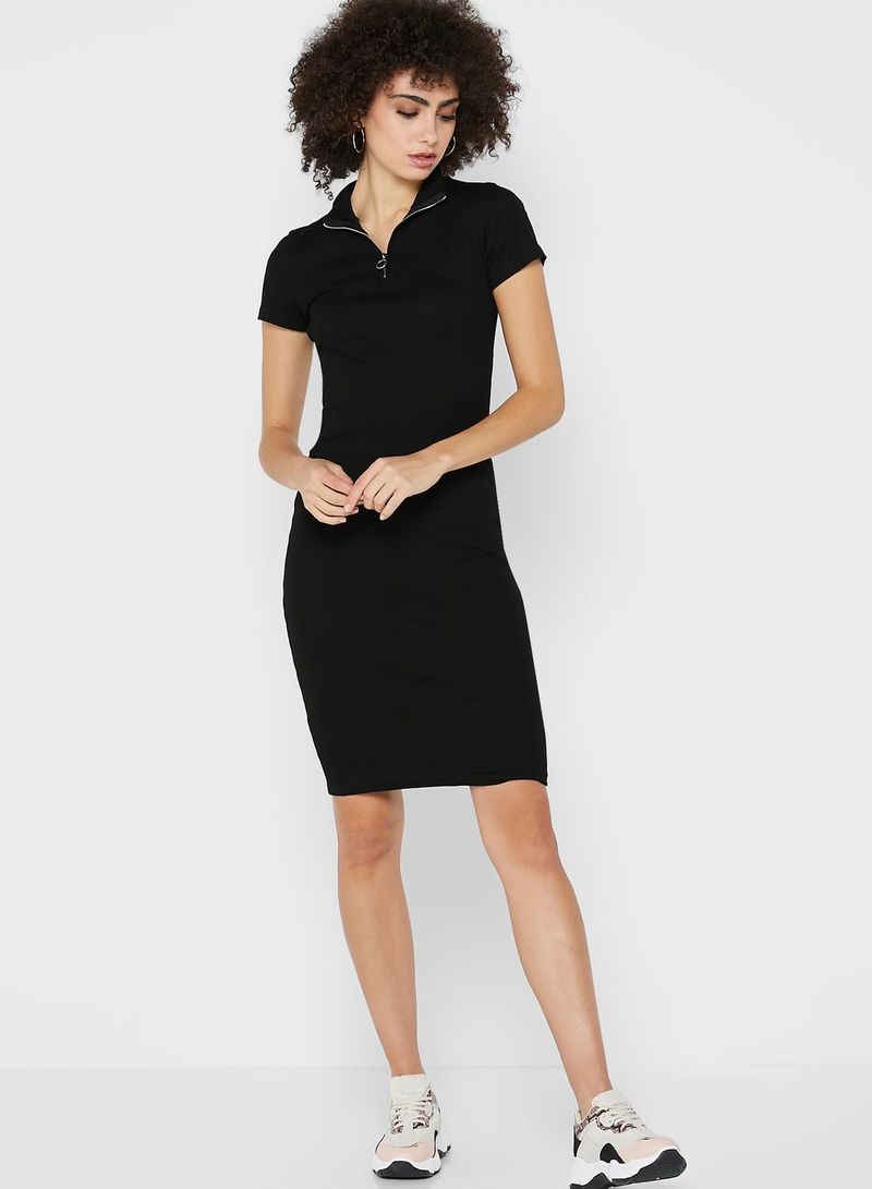 Ginger Basics - Zipper Neck Bodycon Mini Dress Black - Image 1