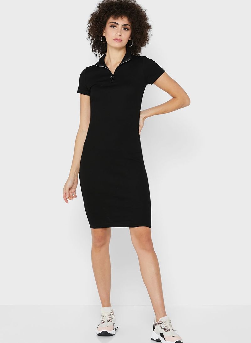 Ginger Basics - Zipper Neck Bodycon Mini Dress Black - Image 1