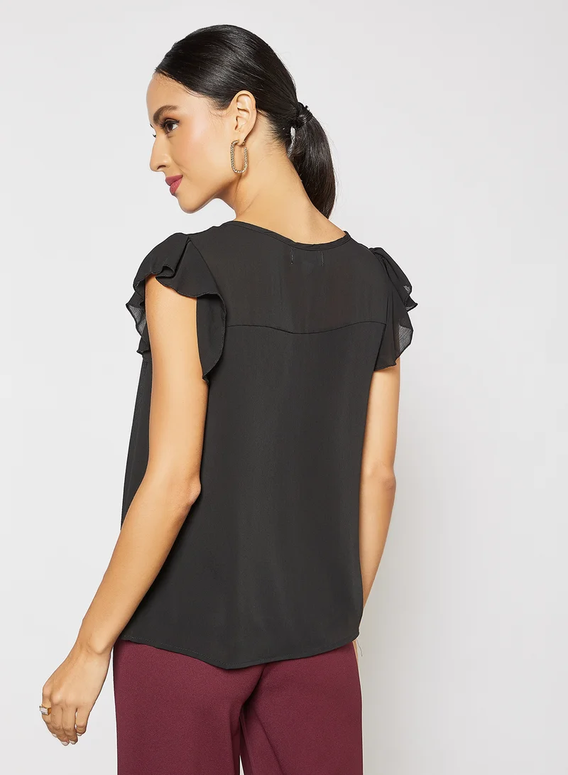 LABEL RAIL Tie-Up Neckline Top Black