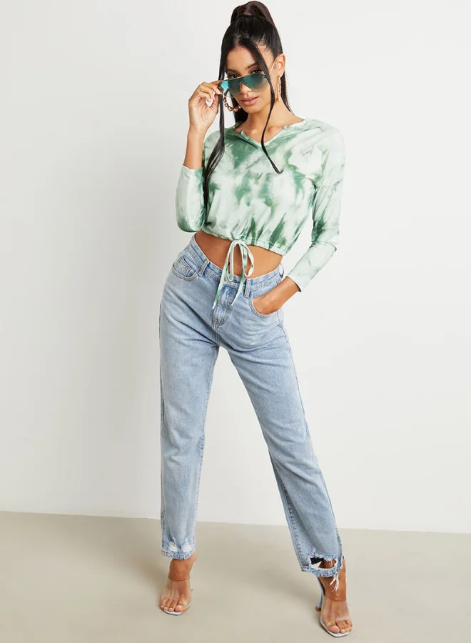 Closet By Styli Tie And Dye Drawstring Hem Crop Top Green