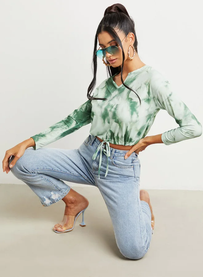 Closet By Styli Tie And Dye Drawstring Hem Crop Top Green