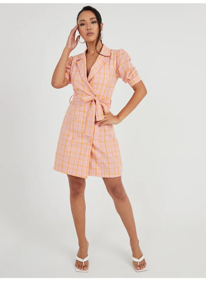 Closet By Styli Plaid Check Puff Sleeves Blazer Mini Dress Pink/Orange