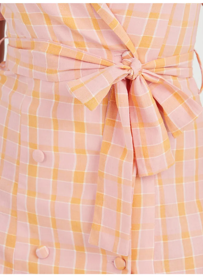 Closet By Styli Plaid Check Puff Sleeves Blazer Mini Dress Pink/Orange