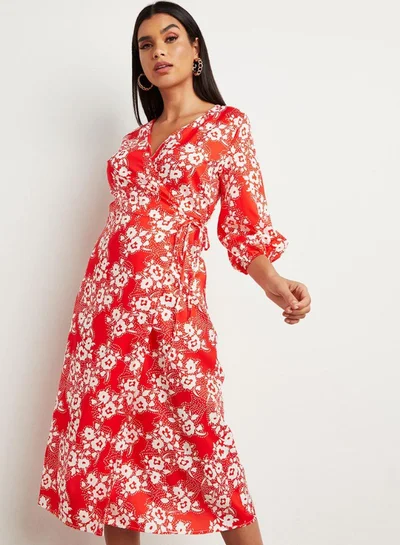 Closet By Styli Floral Printed V-Neck Midi Dress Red/White