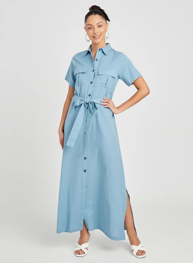 Closet By Styli Tie-Up Waist Collared Neck Maxi Dress Blue