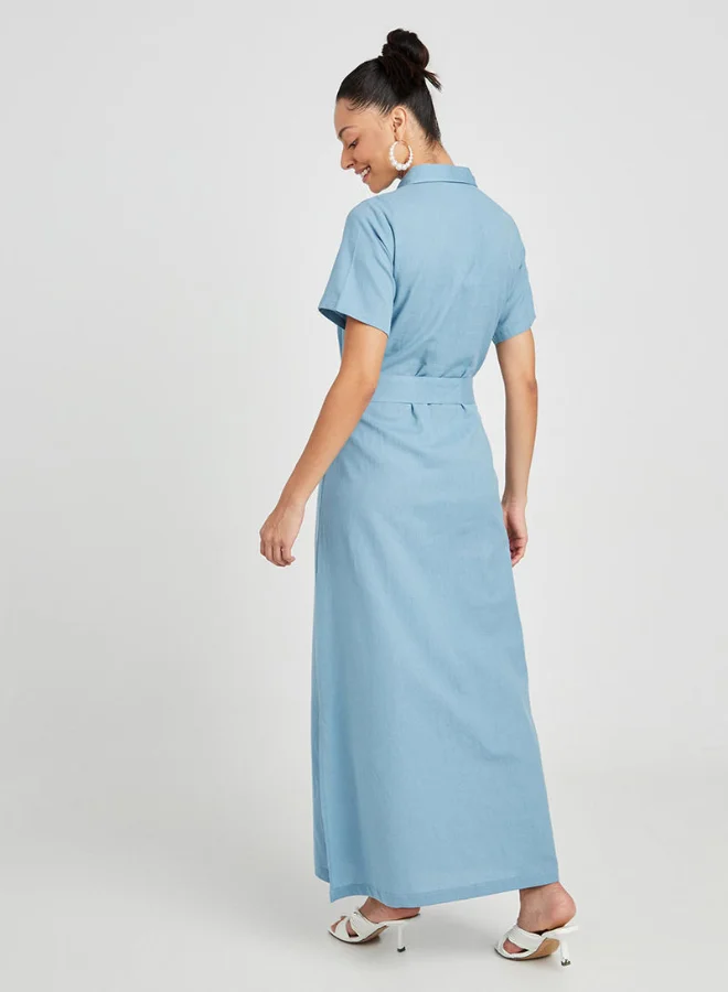 Closet By Styli Tie-Up Waist Collared Neck Maxi Dress Blue