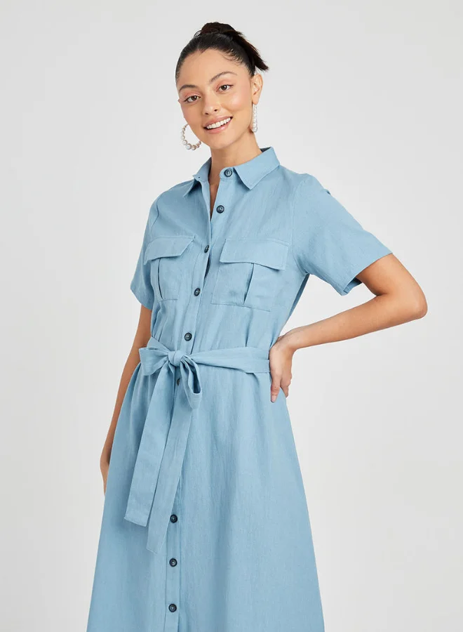 Closet By Styli Tie-Up Waist Collared Neck Maxi Dress Blue