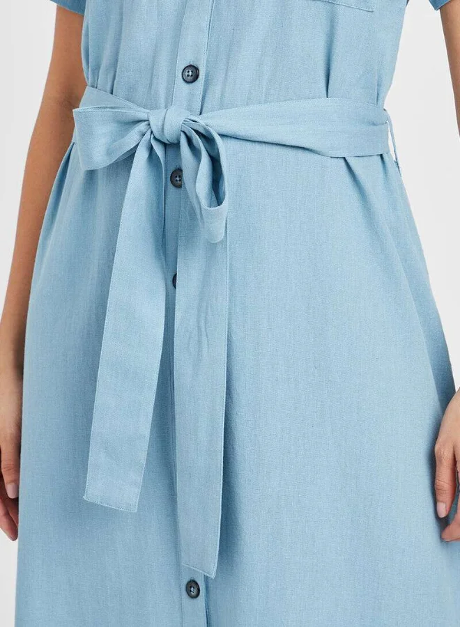 Closet By Styli Tie-Up Waist Collared Neck Maxi Dress Blue