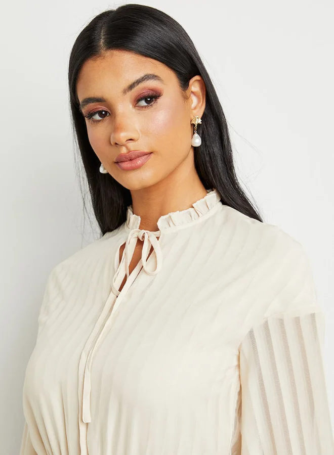 Closet By Styli Tie-Up Neck Three-Quarter Sleeves Top Beige