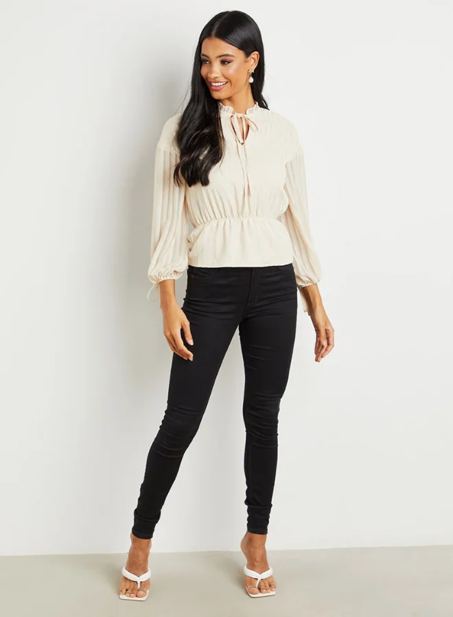 Closet By Styli Tie-Up Neck Three-Quarter Sleeves Top Beige