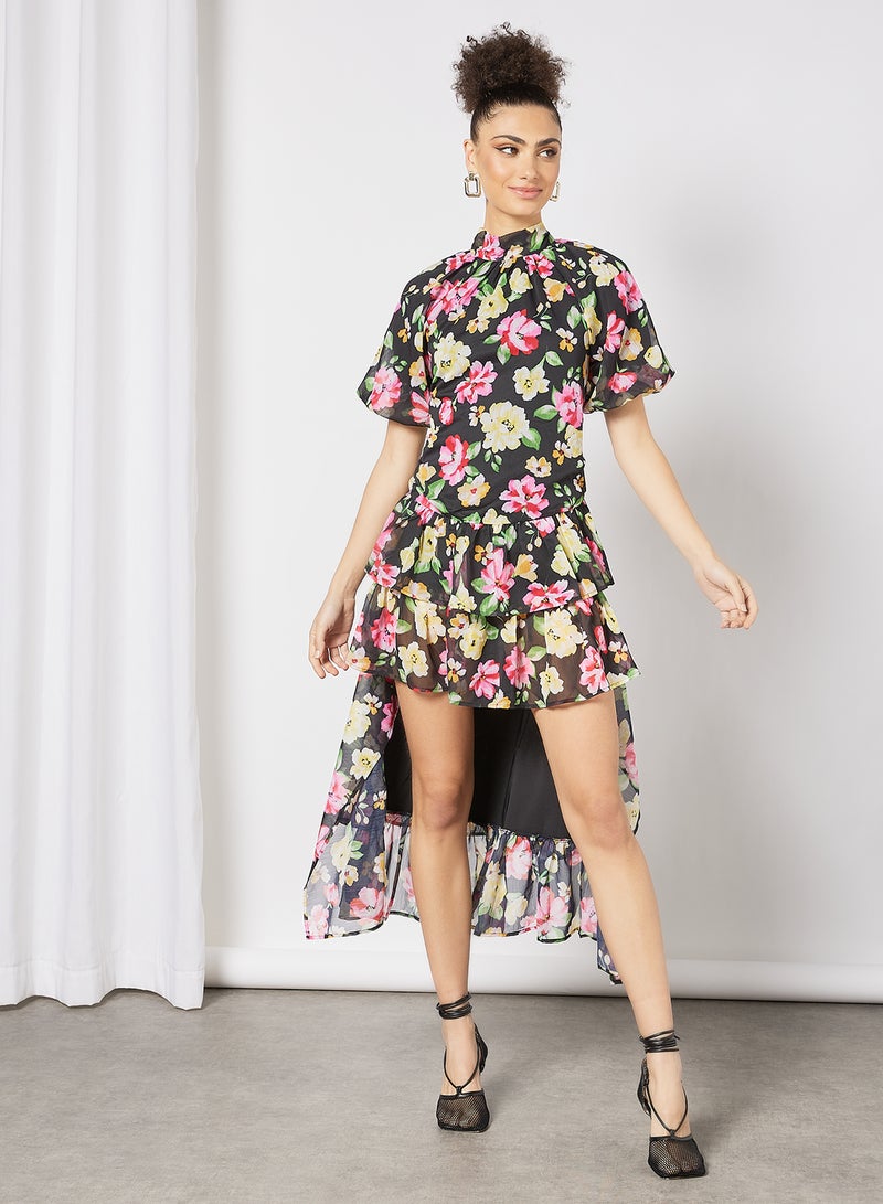 LOST INK Floral Print High Low Dress Black  - Image 1