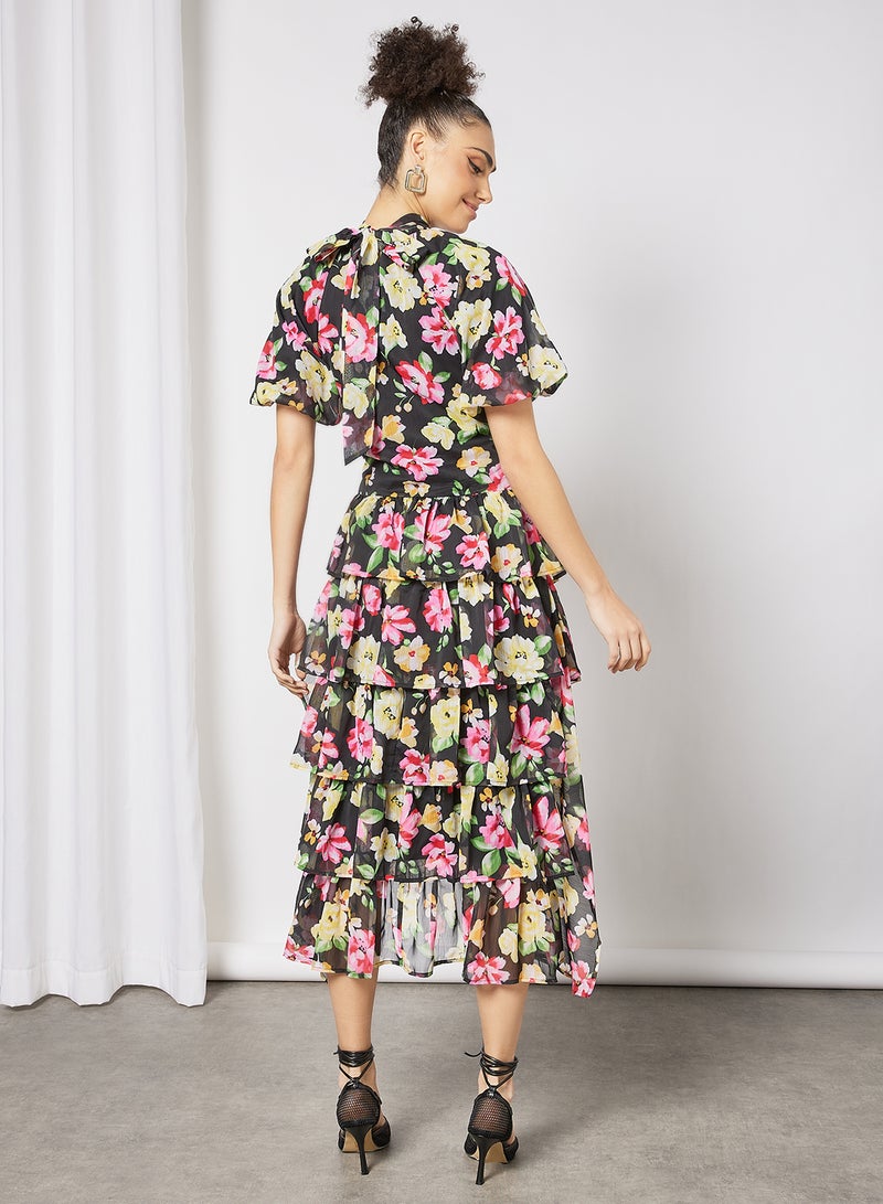 LOST INK Floral Print High Low Dress Black  - Image 3