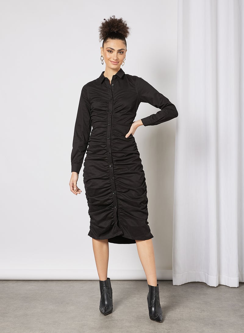 LOST INK Ruched Button Down Dress Black  - Image 1