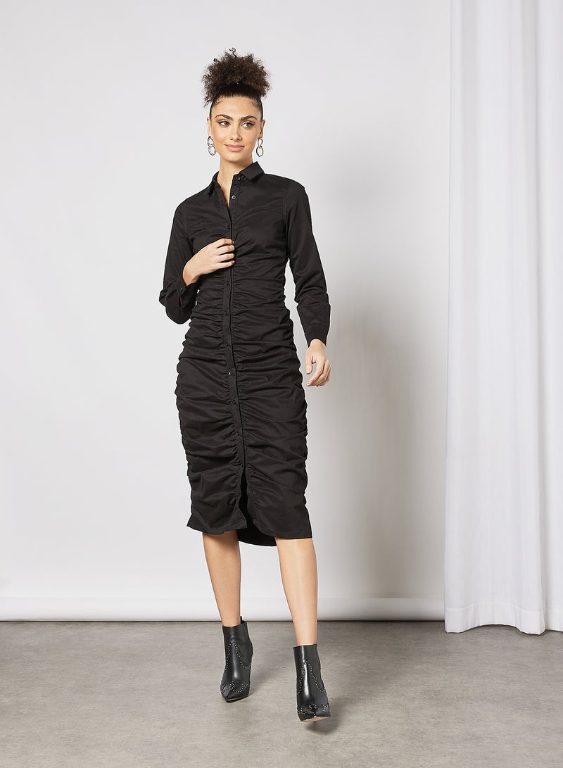 LOST INK Ruched Button Down Dress Black  - Image 3
