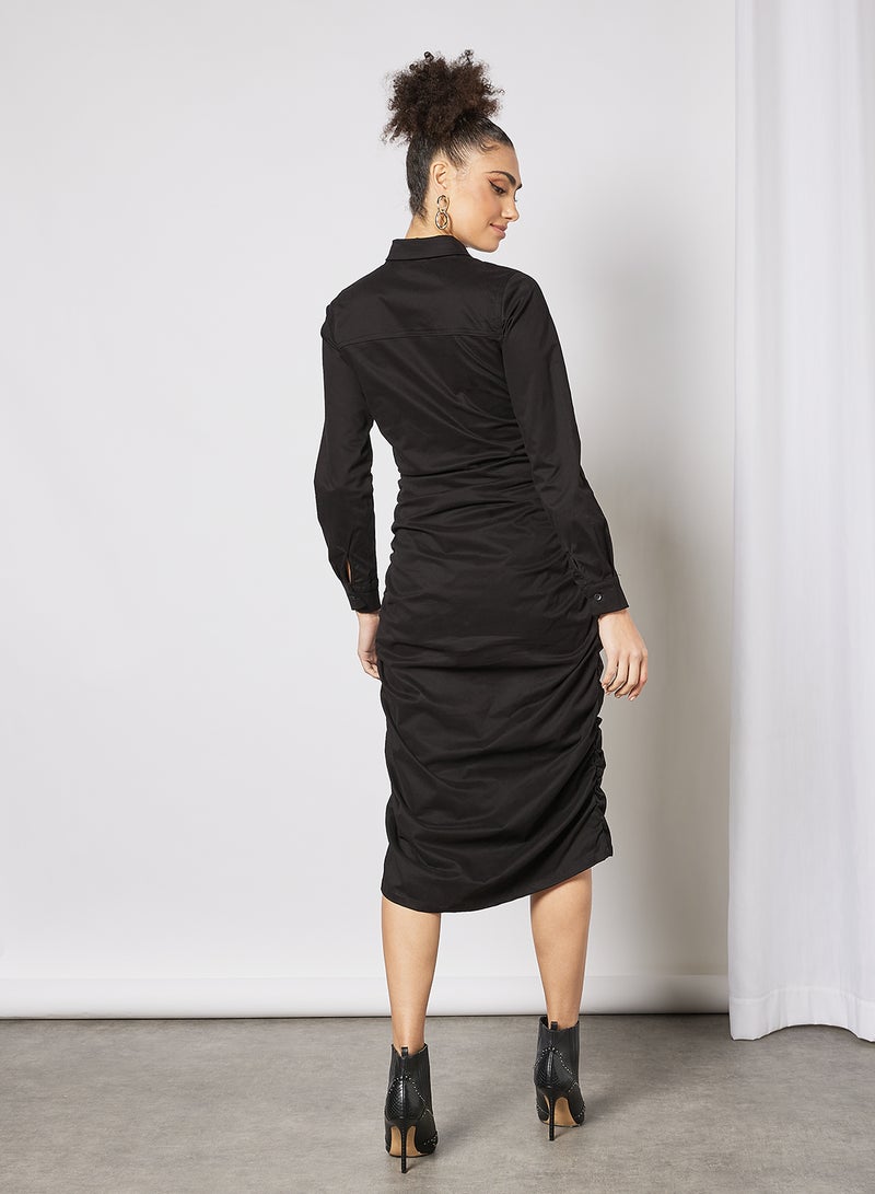 LOST INK Ruched Button Down Dress Black  - Image 4