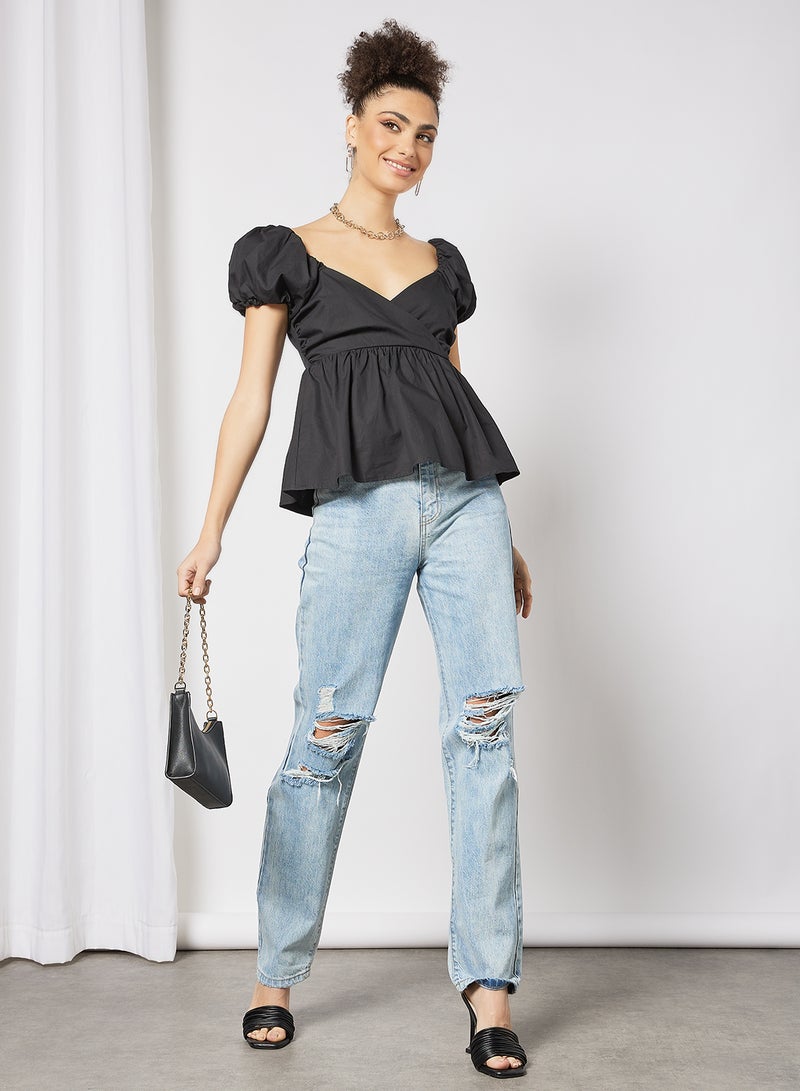 LOST INK - Puff Sleeve Wrap Blouse Black - Image 1