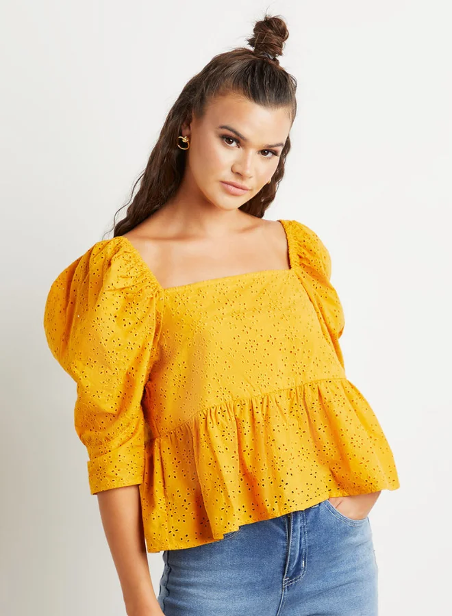 Closet By Styli Schiffli Square Neck Peplum Top Yellow