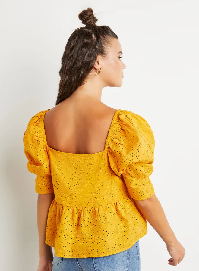 Closet By Styli Schiffli Square Neck Peplum Top Yellow