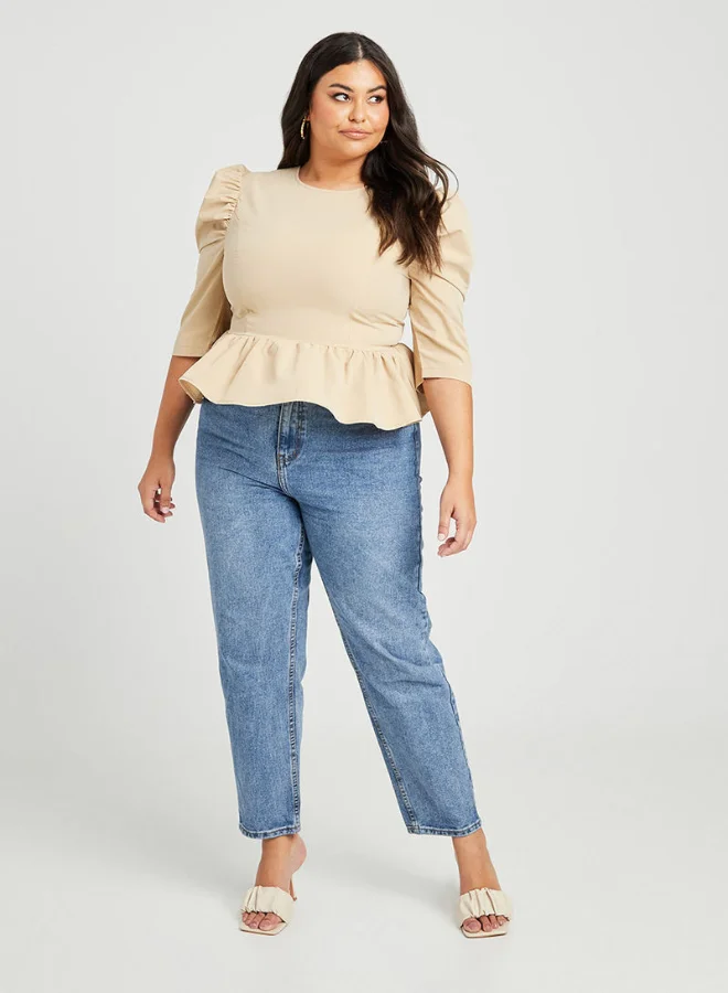 Closet By Styli Plus Puff Sleeve Round Neck Peplum Top Beige
