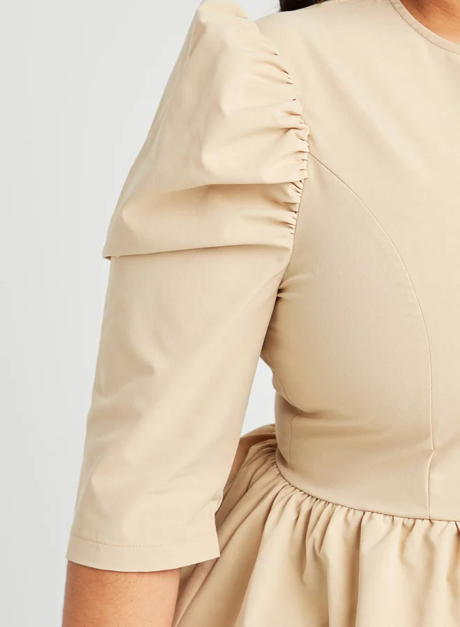 Closet By Styli Plus Puff Sleeve Round Neck Peplum Top Beige