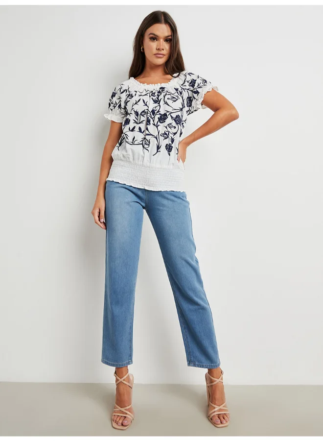 Closet By Styli Embroidered Off Shoulder Shirred Hem Top White/Blue
