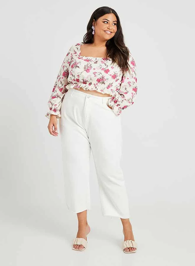 Closet By Styli Square Neck Floral Printed Crop Top White/Pink