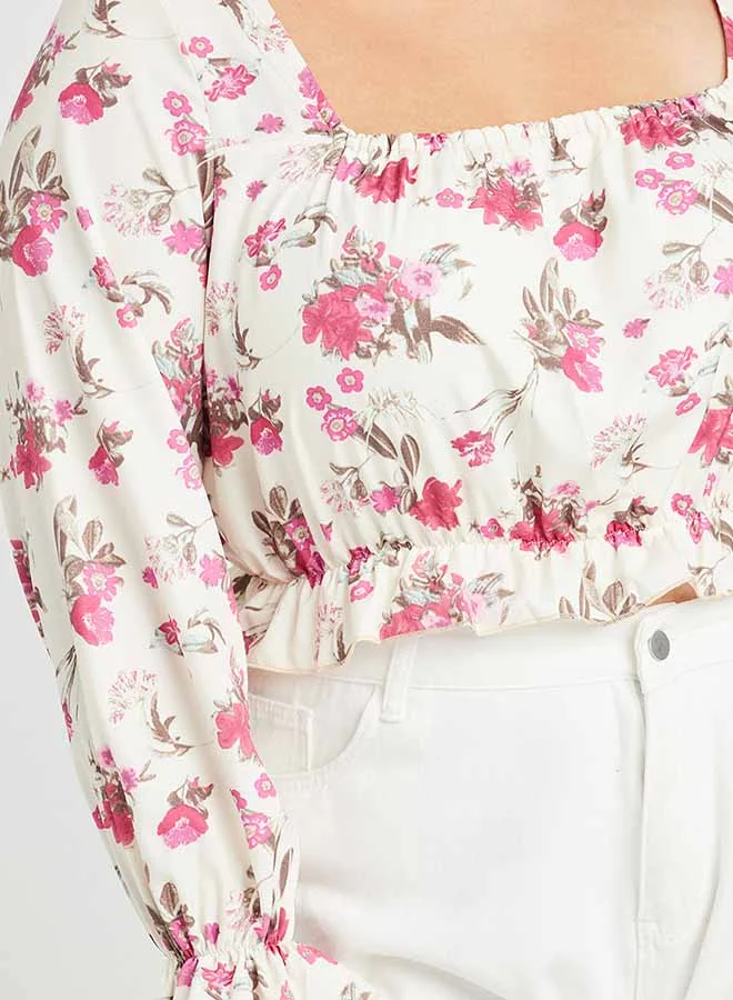 Closet By Styli Square Neck Floral Printed Crop Top White/Pink