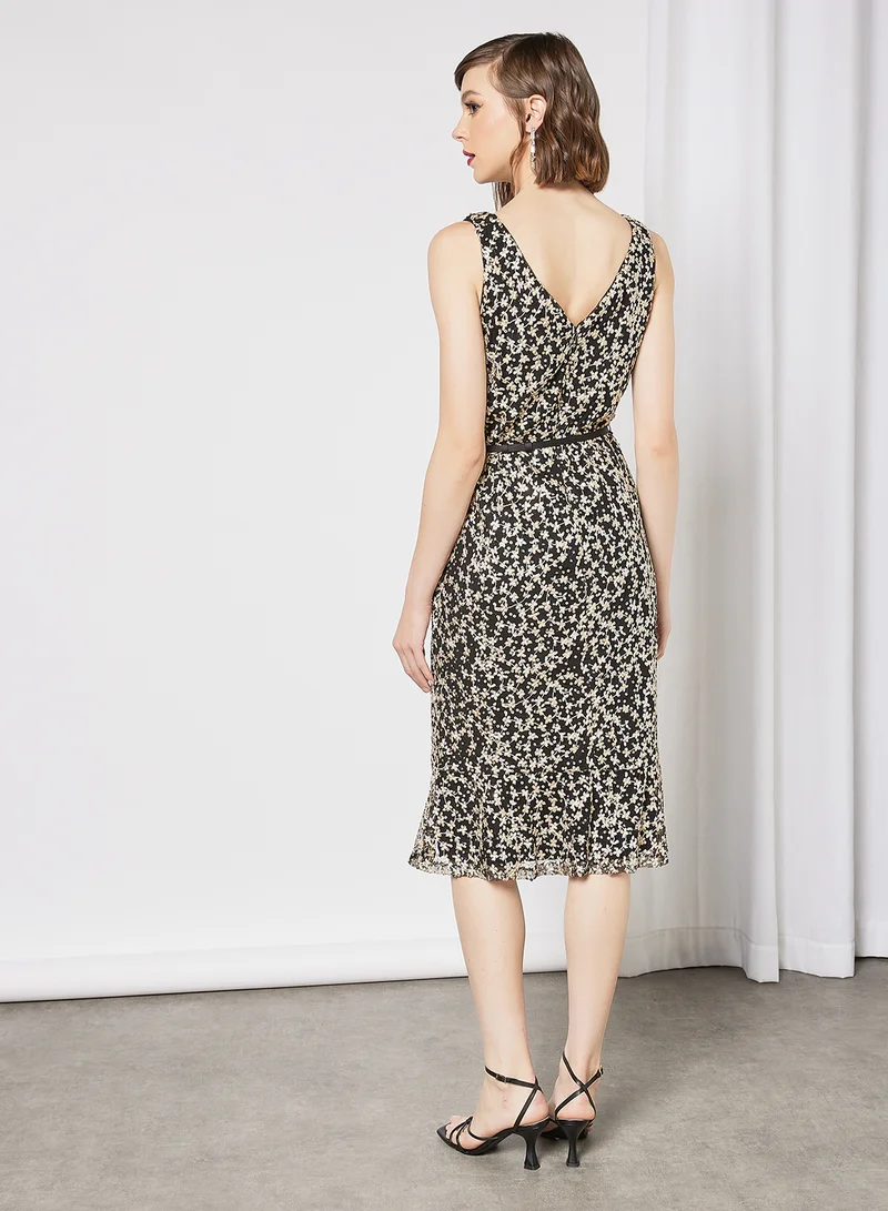 Lauren Ralph Lauren Embroidered Midi Dress Black