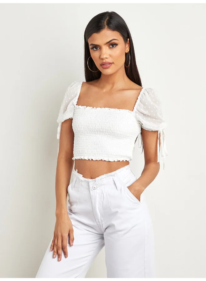 Closet By Styli Shirred Dobby Puff Sleeves Crop Top White