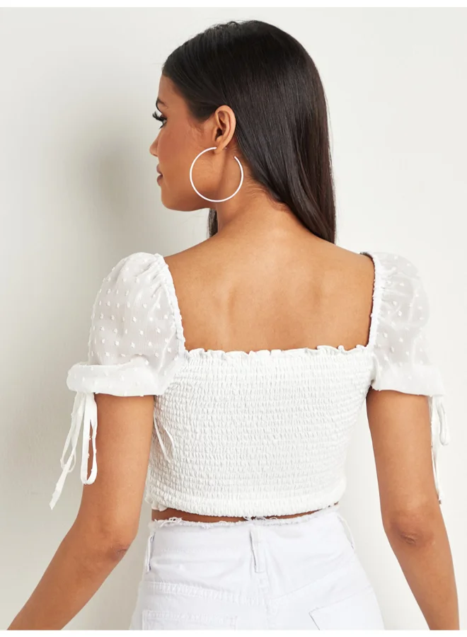 Closet By Styli Shirred Dobby Puff Sleeves Crop Top White