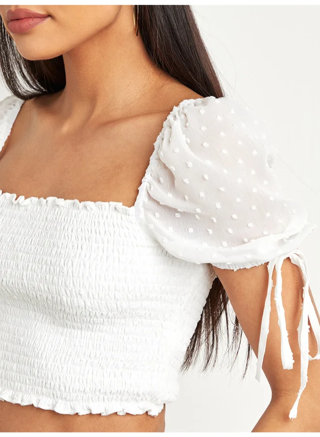 Closet By Styli Shirred Dobby Puff Sleeves Crop Top White