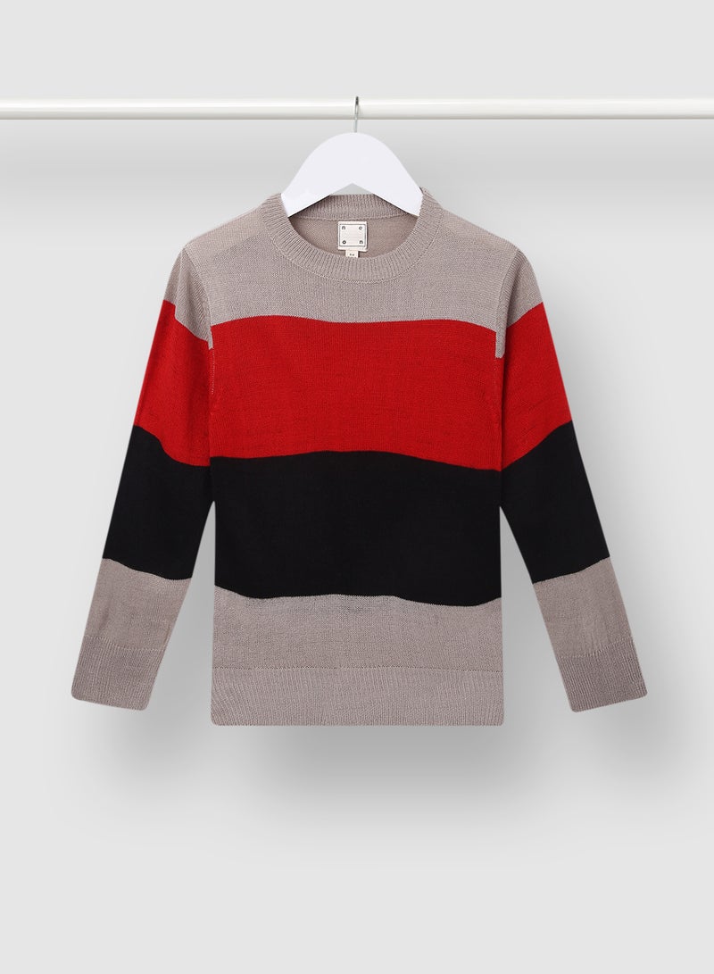 NEON Colourblock Pattern Crew Neck Sweater Grey/Red/Black  - Image 1