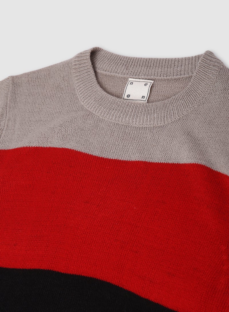 NEON Colourblock Pattern Crew Neck Sweater Grey/Red/Black  - Image 3