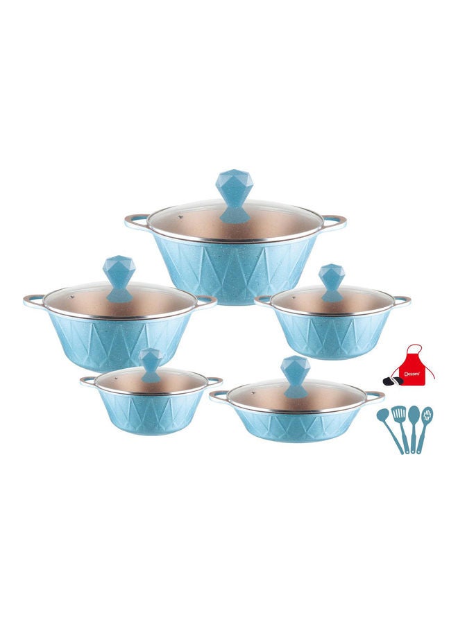ديسيني طقم أواني طهي من الألومنيوم الموفر للطاقة من الجرانيت مكون من 17 قطعة يتضمن 1xcasserole مع غطاء 20 سم، 1xcasserole مع غطاء 24 سم، 1xcasserole مع غطاء مقاس 28 سم، 1xcasserole مع غطاء مقاس 32 سم، كسرولة واحدة مع غطاء 28 سم، 7 × أدوات طهي أزرق  - Image 1
