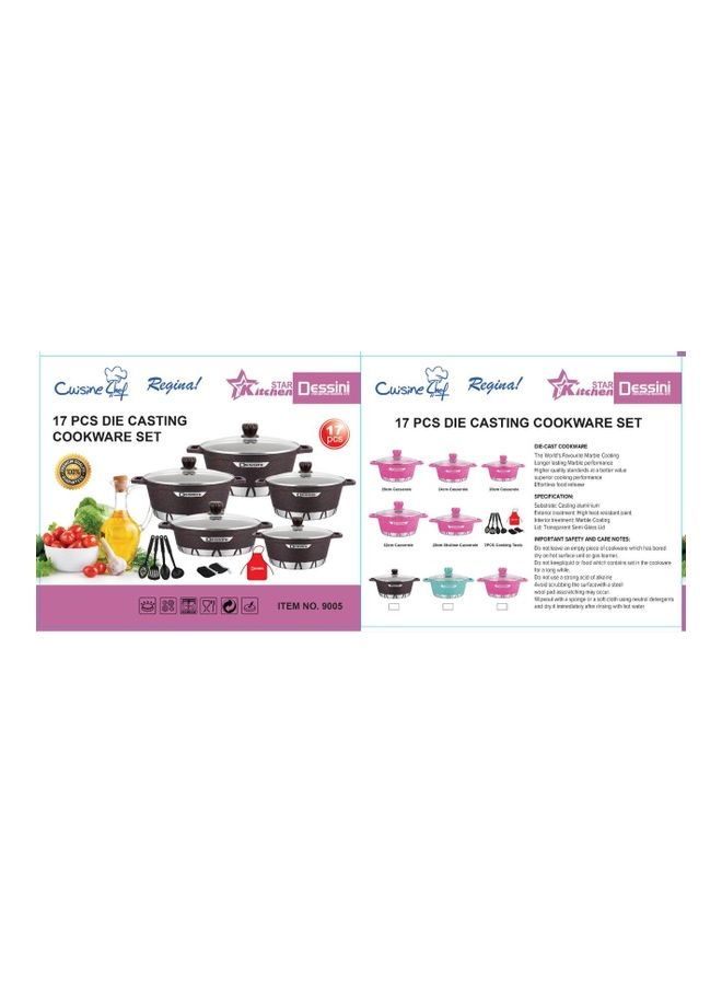 DESSINI - 17-Piece Die Casting Cookware Set Includes 1x20cm Casserole With Lid, 1x24cm Casserole With Lid, 1x28cm Casserole With Lid, 1x 32cm Casserole With Lid, 1x28cm Shallow Casserole With Lid, 7xCooking Tools Pink - Image 1