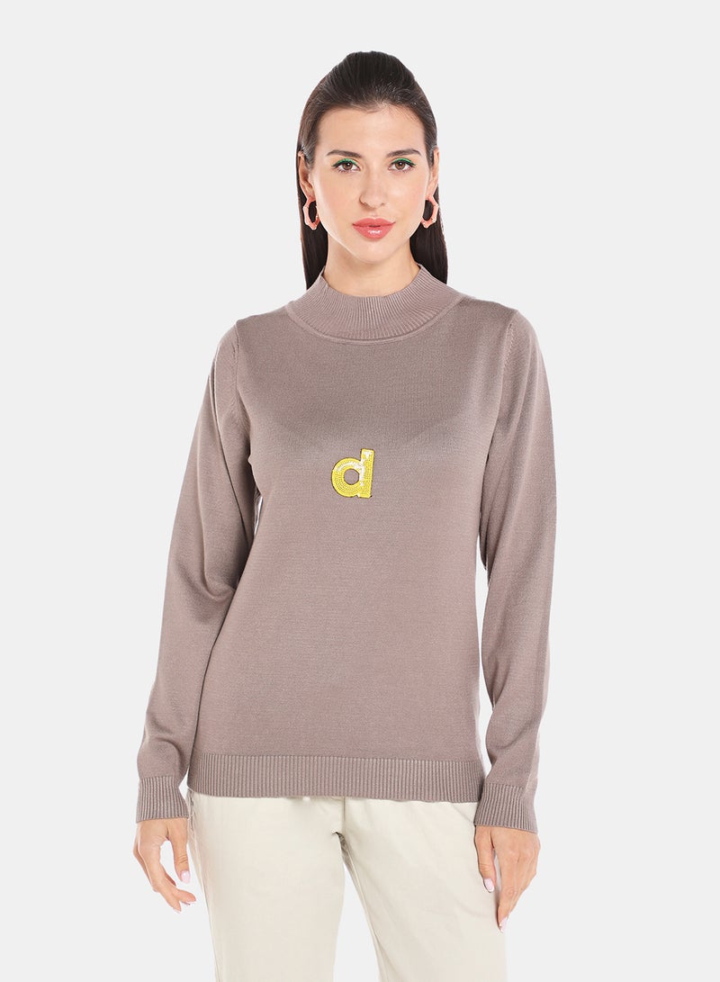 DRIP - Alphabet Printed High Neck Pullover Brown - Image 1