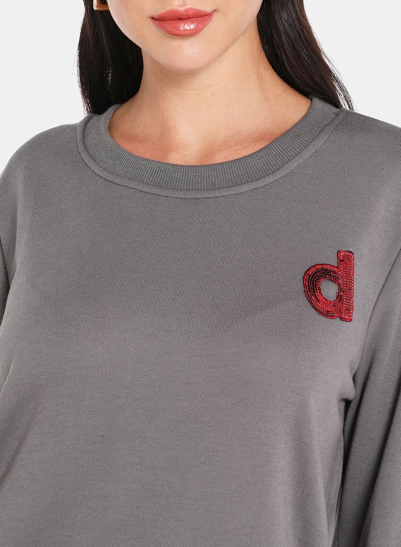 DRIP - Alphabet Printed Crew Neck Pullover Charcoal - Image 1