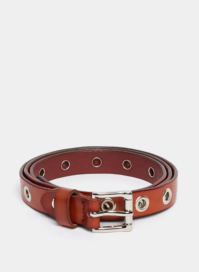 Closet By Styli Eyelet Loops Square Buckle Belt Tan/Silver