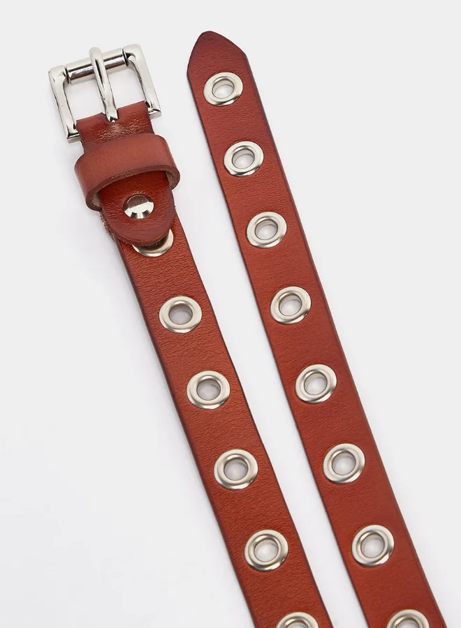 Closet By Styli Eyelet Loops Square Buckle Belt Tan/Silver