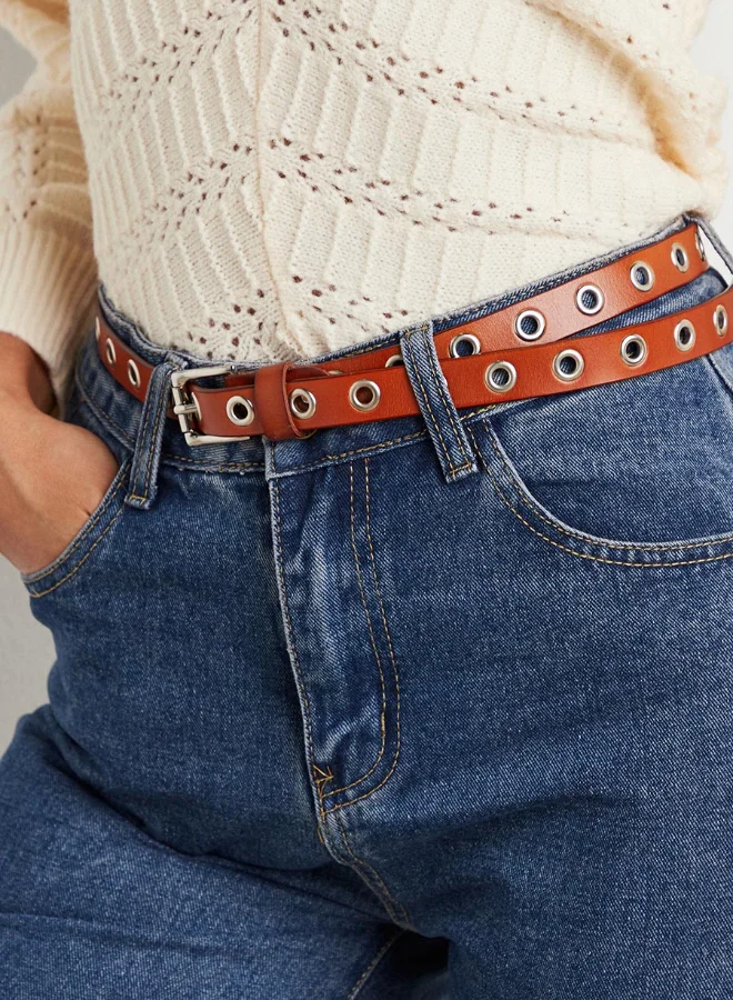 Closet By Styli Eyelet Loops Square Buckle Belt Tan/Silver