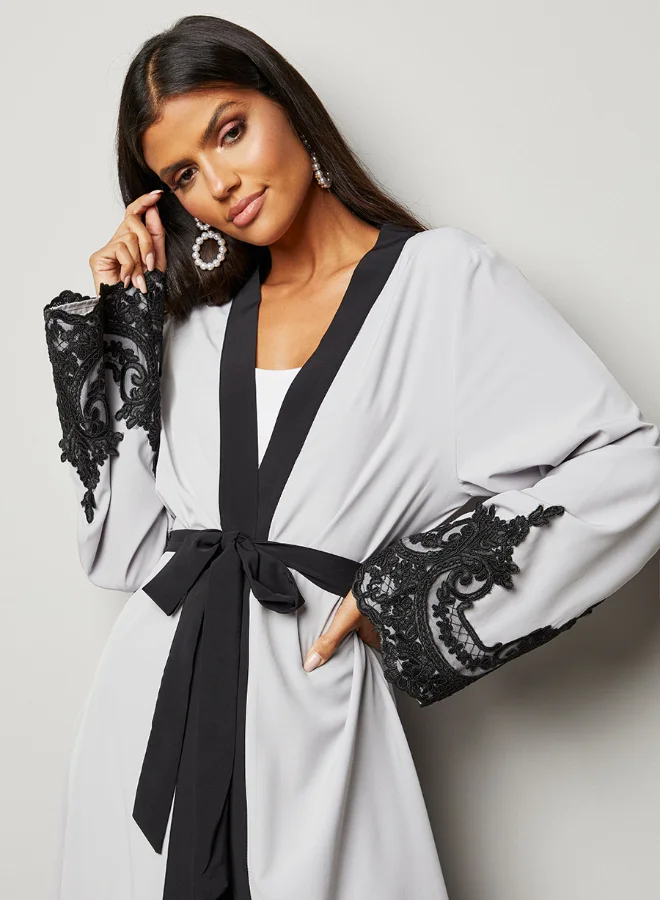 Closet By Styli Contrast Binding Crochet Lace Insert Abaya Grey/Black