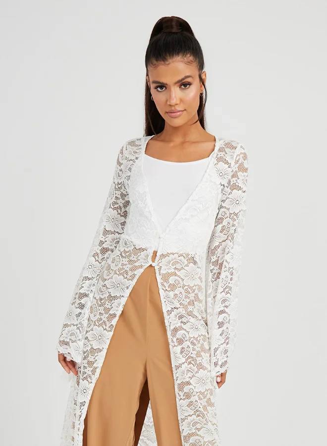 Closet By Styli All-Over Lace Maxi Kimono White