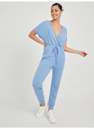Closet By Styli V-Neck Roll Up Short Sleeve Jumpsuit Blue